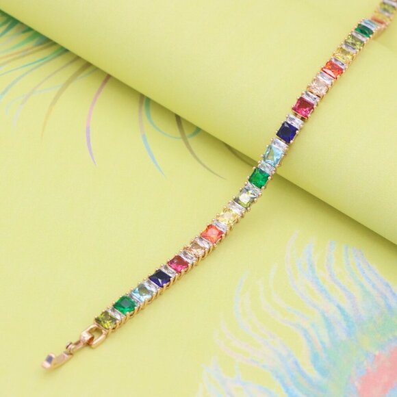 "Rainbow CZ Rose Gold Bracelet with Square Cut Stones, Vibrant Style, XPBL0742 - Picture 1 of 12